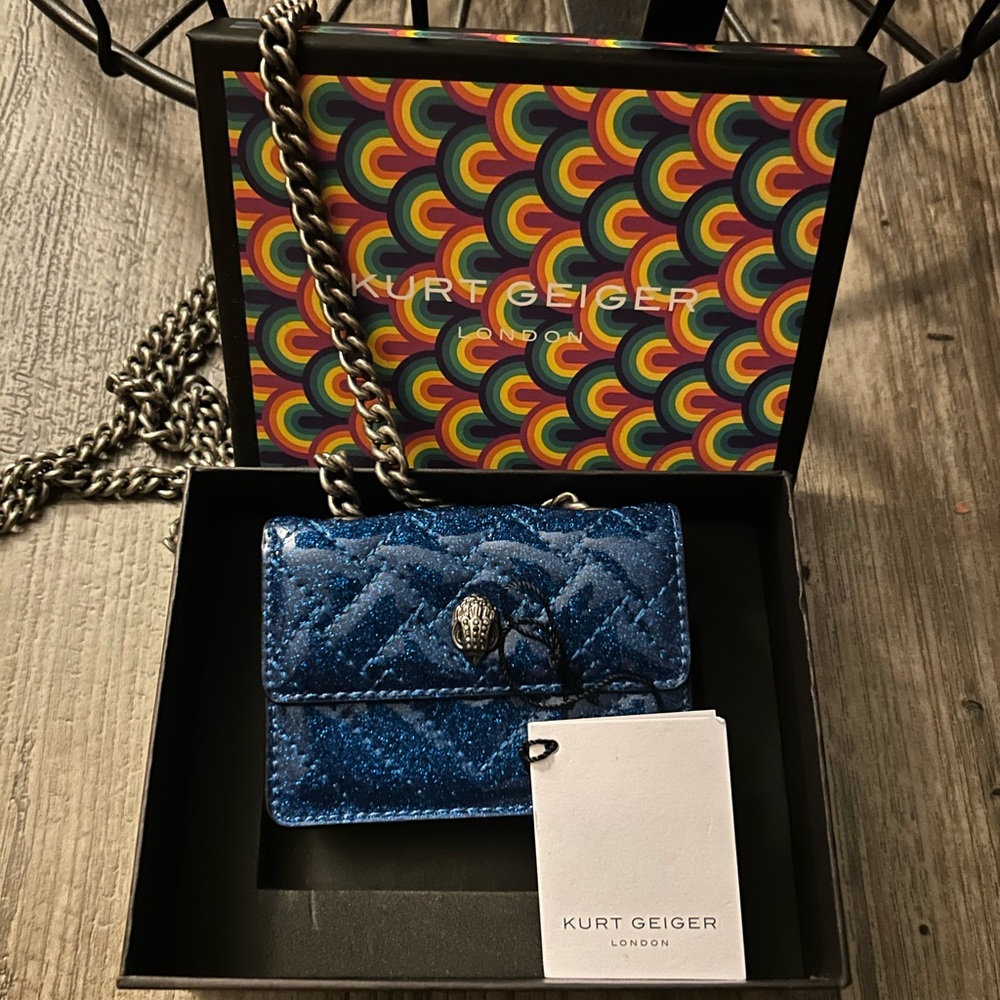 NWT Kurt Geiger Metallic Blue Quilted Mini Crossbody with Chain